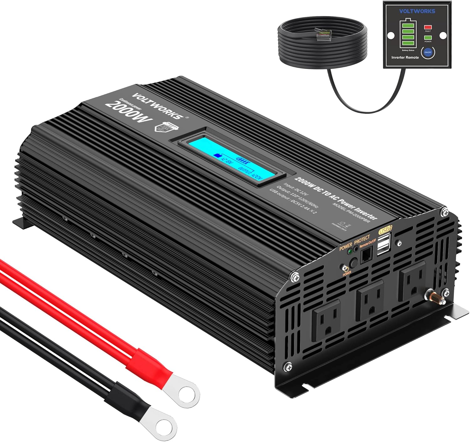 Power Inverter 2000w DC 12V to AC 120V Modified Sine Wave Inverter 2000 watt with LCD Display Remote Control and 3AC Outlets Dual 2.4A USB Ports for Car RV Truck Boat[3 Years Warranty] by VOLTWORKS