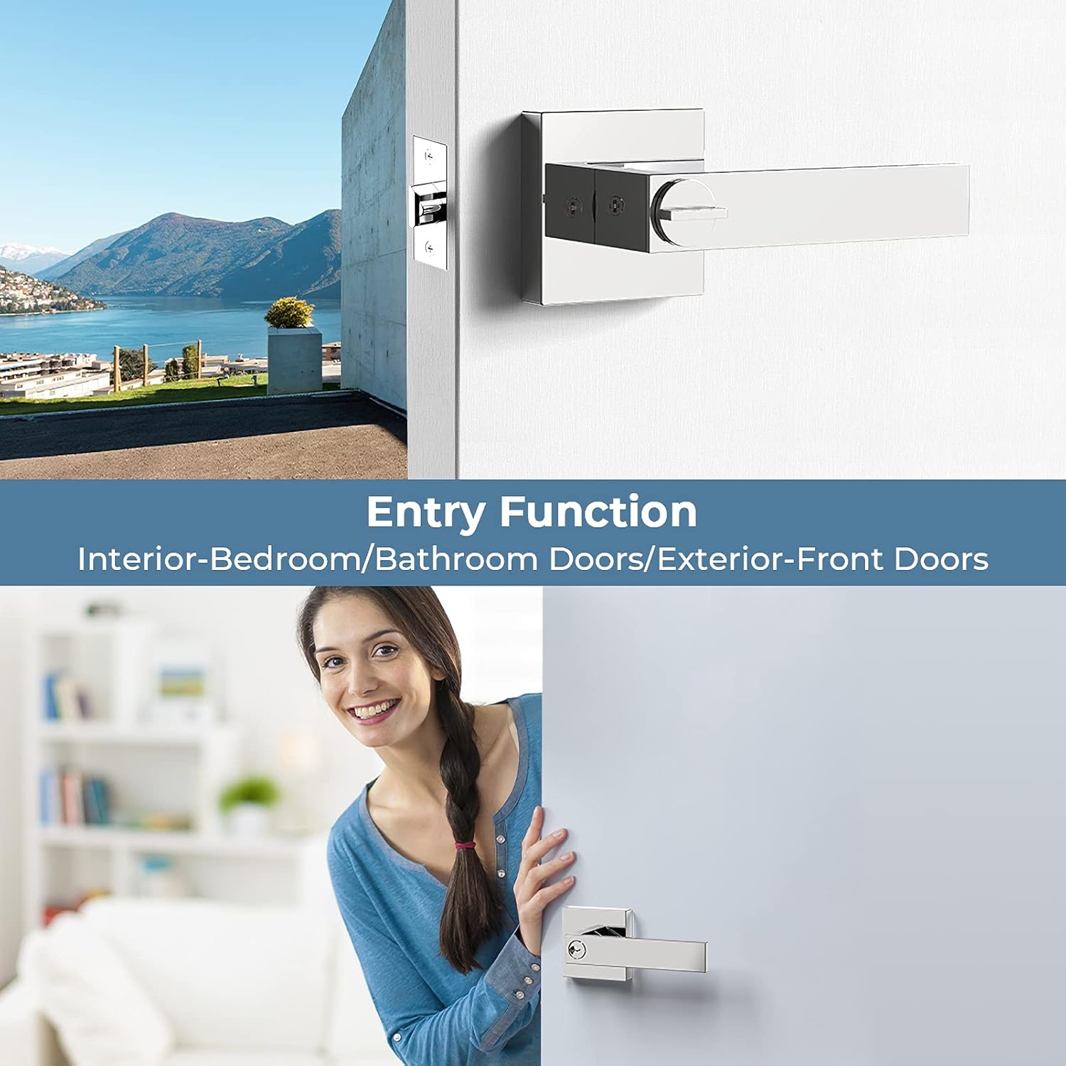 5 Pack Bedroom Polished Chrome Door Knobs with Lock and Key, Keyed Alike Black Door Handles for Interior/Exterior Doors, Sliver Modern Entry Door Lever Handle Lock