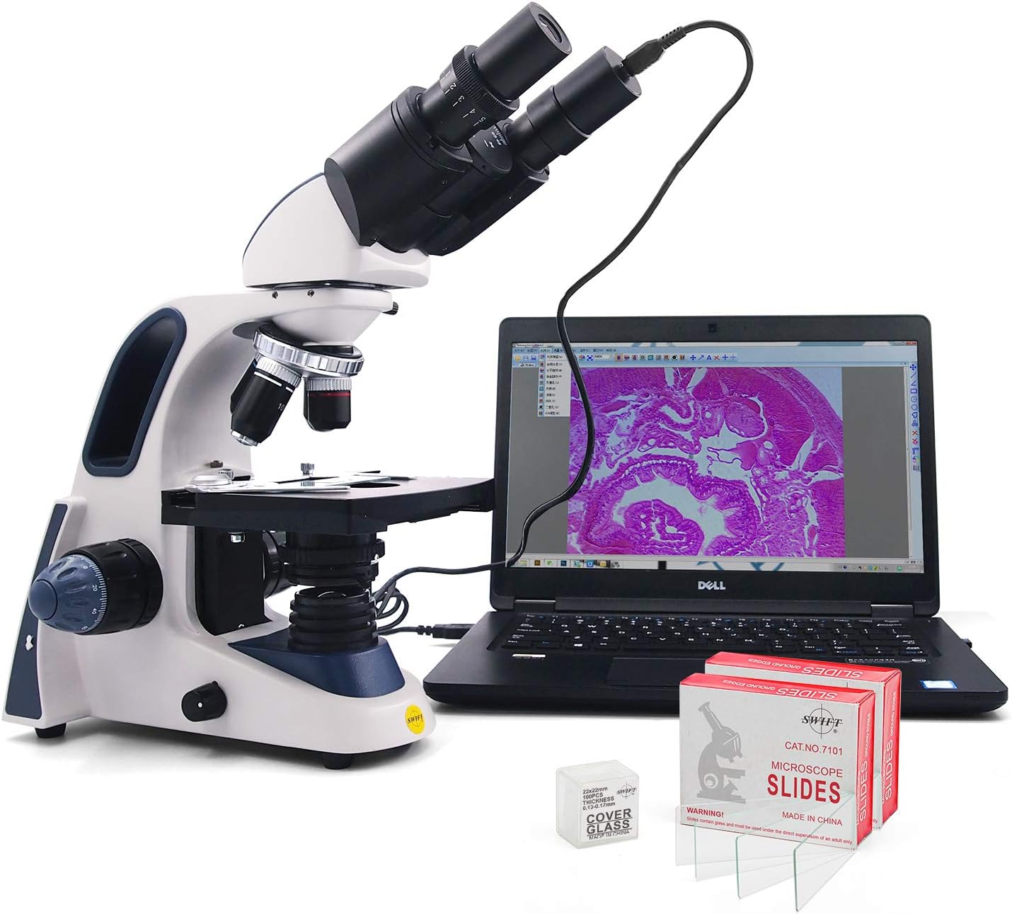 Swift SW380B 40X-2500X Magnification, Research-Grade Binocular Compound Lab Microscope, Mechanical Stage, with 5.0 mp Camera and Software Windows/Mac Compatible and 100pcs Blank Slides