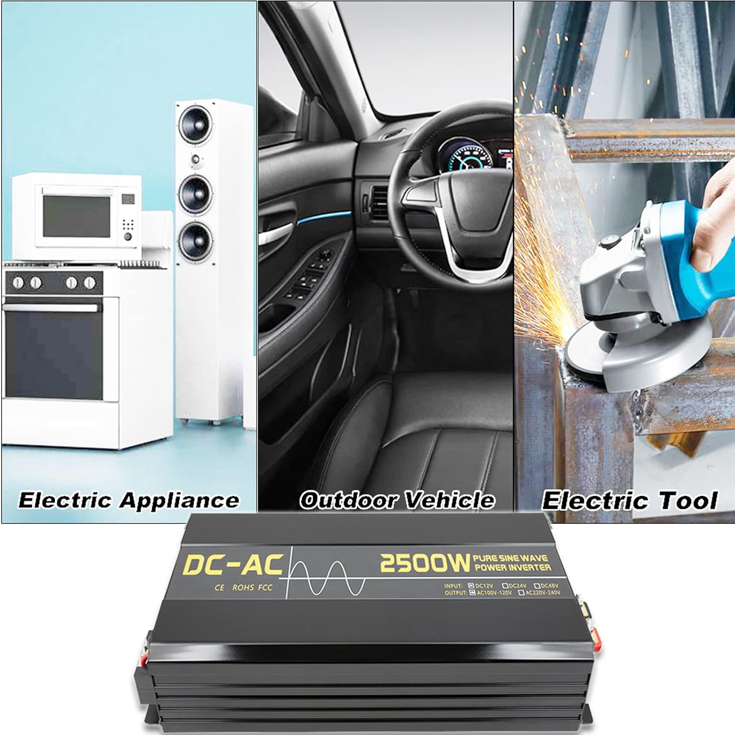 zorvo 2500W/5000W(Peak) Pure Sine Wave Inverter 12V DC to 110V/120V AC with LCD Display Dual AC Outlets One USB Port and Wired Remote Control