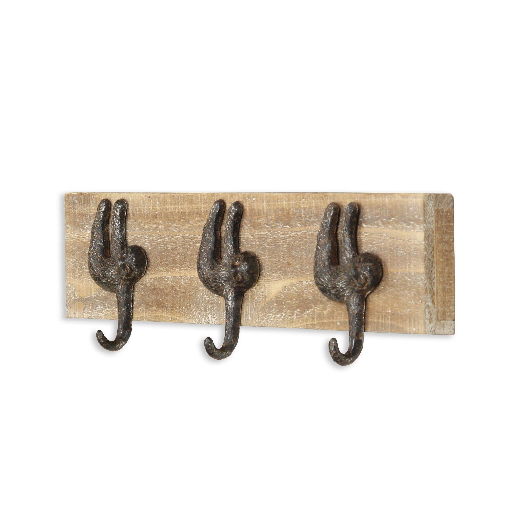 15.75x22 Brown and White Sloth-Themed 3-hook Contemporary Wooden Coat Rack