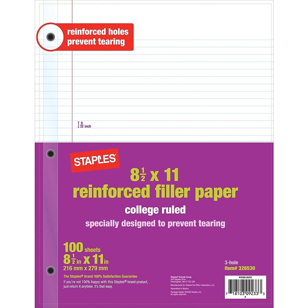 Staples Reinforced Filler Paper College Ruled 8-1/2x22 x 11x22 12 Pack 16183CT