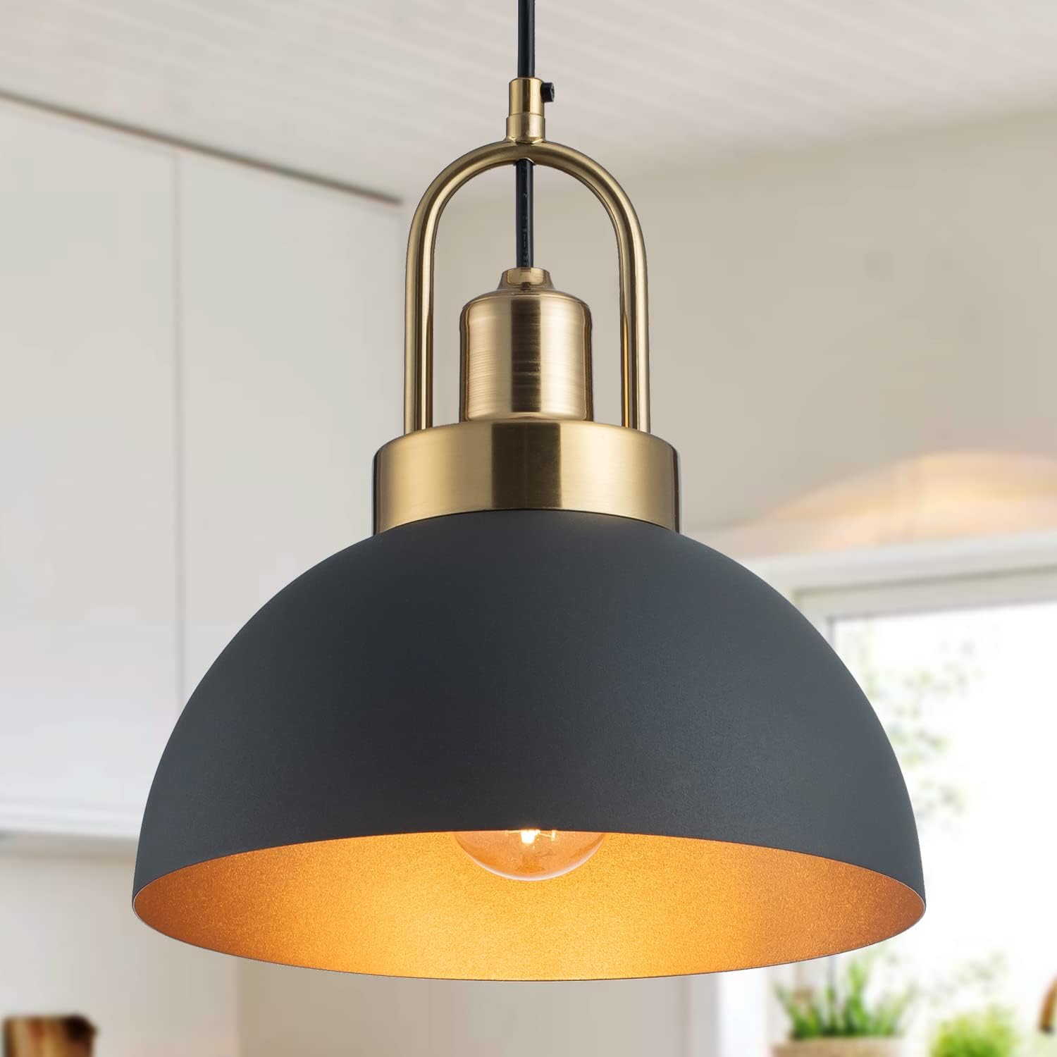 Vintage Black Pendant Light 13.7'' Retro Farmhouse Dome Pendant Lamp Modern Industrial Chandelier for Kitchen Island, Bedroom, Dining Room, Living Room, Hallway