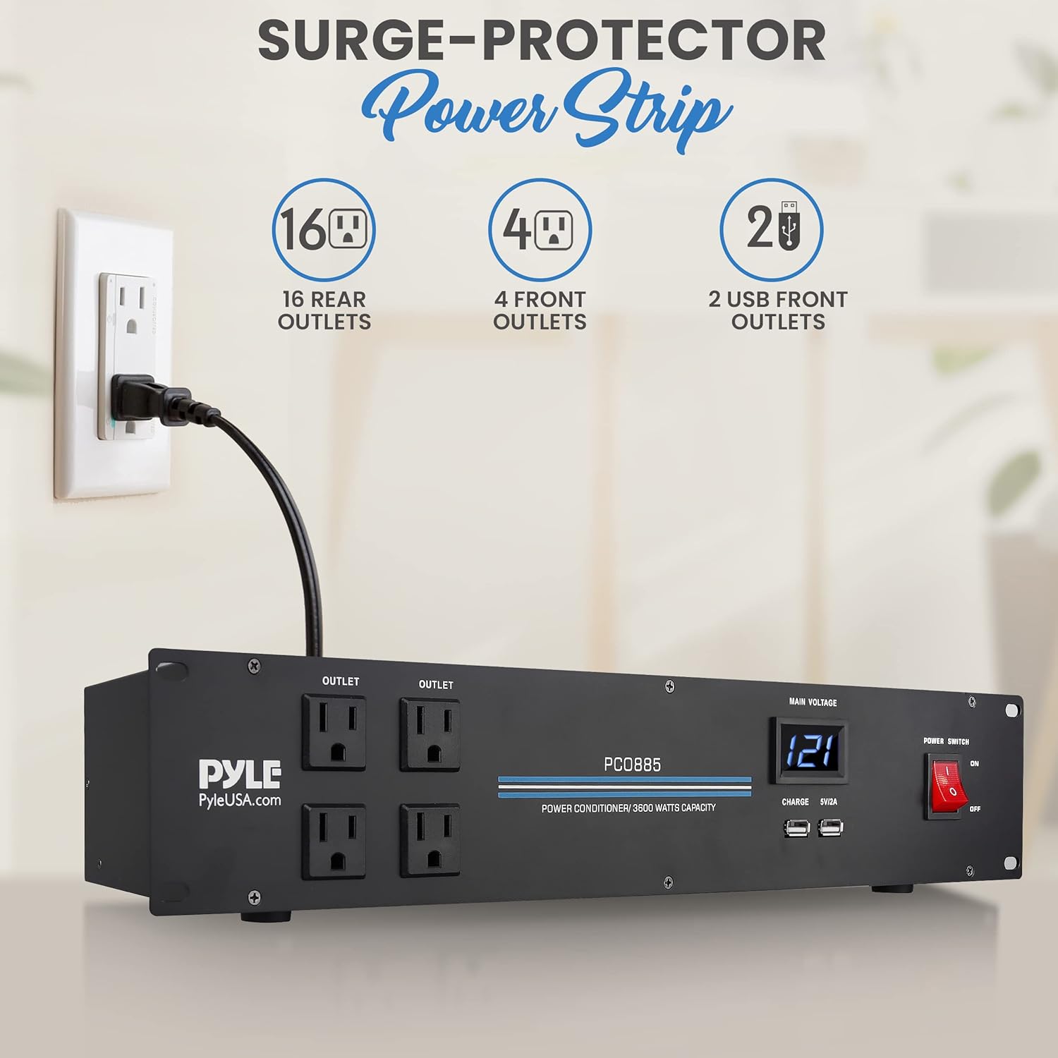 PylePro PDU Power Strip Surge Protector - 3600 Watt 15 Amp 20 Outlet Heavy Duty Electric Extension Cord - 2U Rack Mount Power Conditioner w/ AC Filter - PCO885