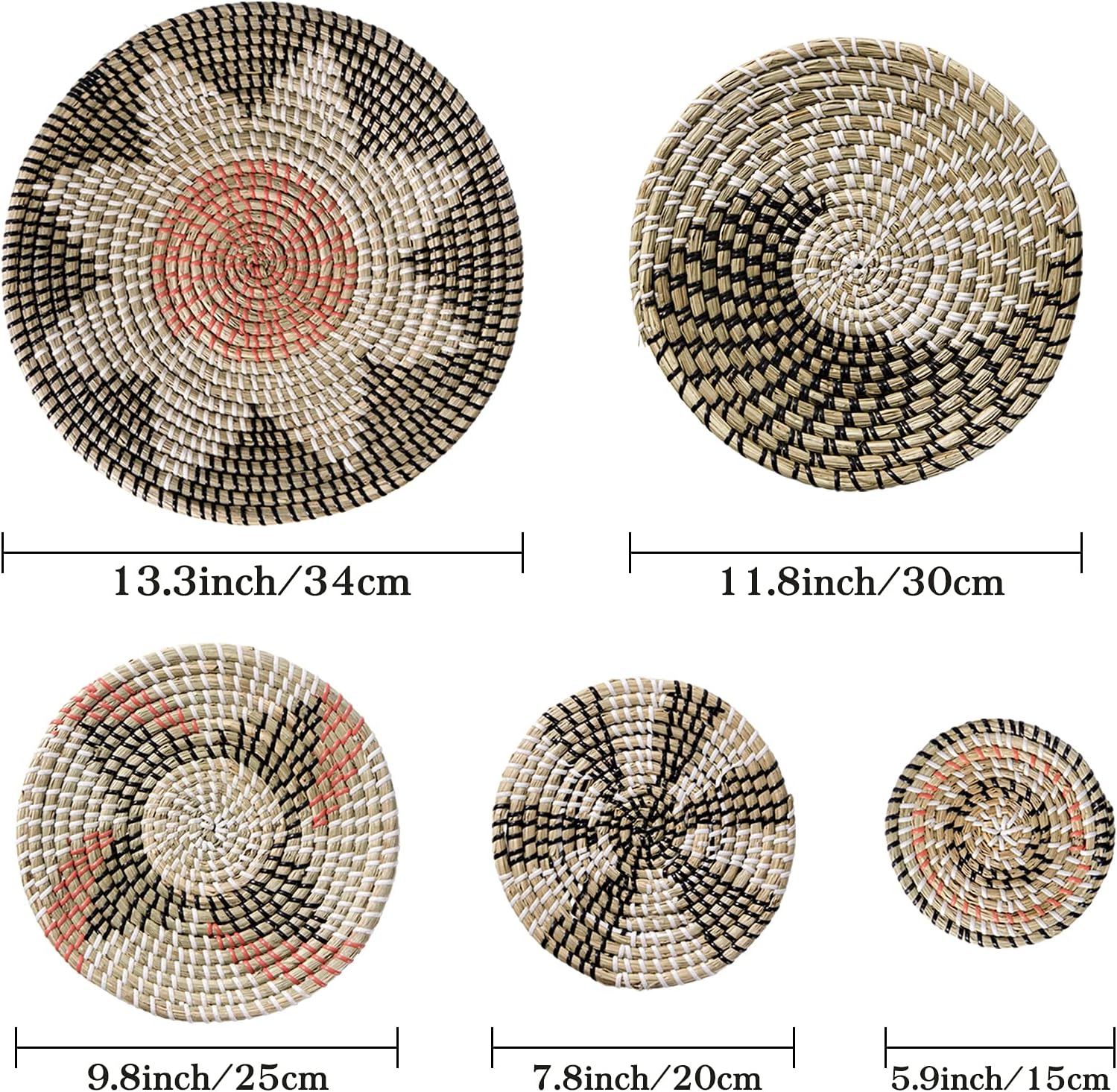 Yumkfoi 5 PCS Hanging Wall Basket Decor Set, Boho Woven Wall Baskets Decor with Hanging Hooks, Round Natural Seagrass Baskets Wall Home Decor Pack of 2