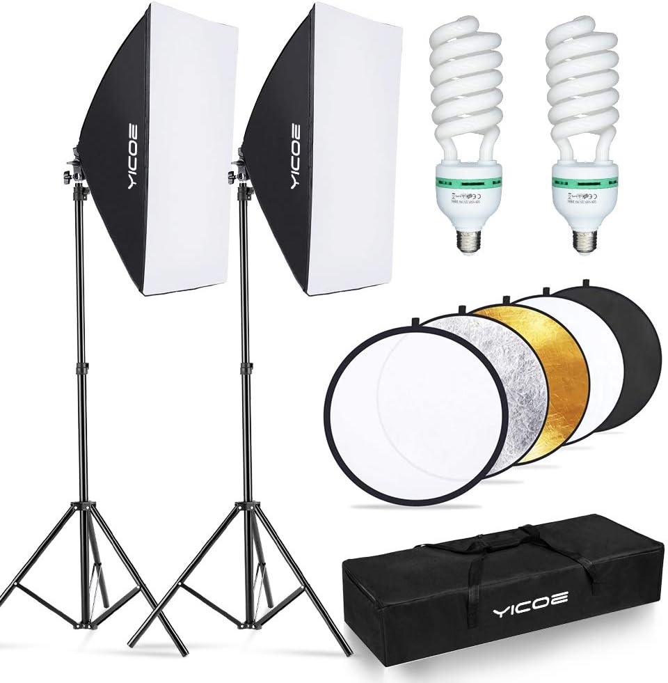 YICOE Softbox Lighting Kit with 60cm Reflector Professional Continuous Studio Photography Equipment with 2 95W Bulbs 5500K for Filming Portrait Product Shooting Photography Video Recording Pack of 2