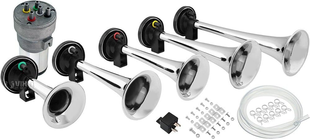 Vixen Horns Loud 5/Five Trumpet La Cucaracha Musical/Music Sound Air Horn with Compressor Full Complete System/Kit Chrome 12V VXH6803C Pack of 2
