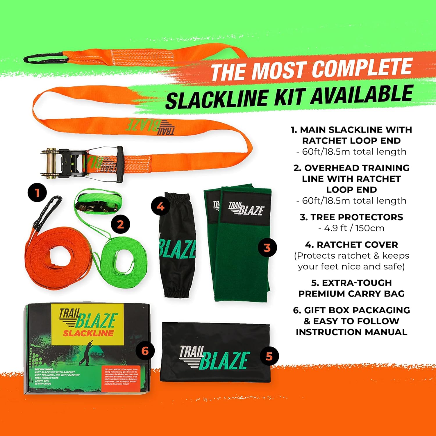 Trailblaze - Slackline Kit with Tree Protectors and Training Line | Slack Lines for Backyard for Kids and Adults | Tight Rope Line for Beginners Kids Slack Line Set (Single Slack Line, 60 Foot) Pack of 2