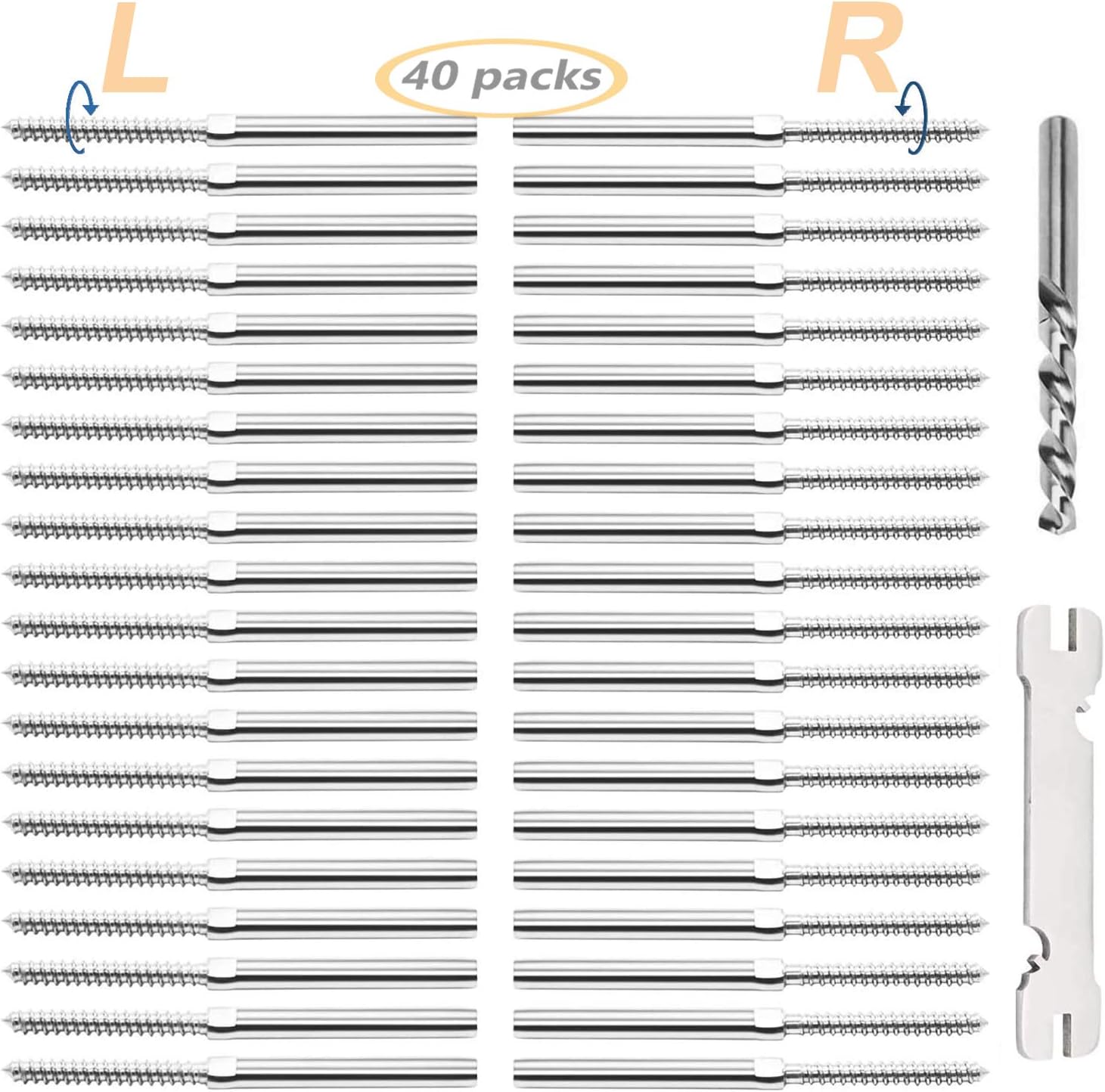 Wayska 40 Pack T316 Marine Grade Stainless Steel Cable Railing Hardware kit, Right & Left Handed Thread Lag Screws for 3/16 Inch Cable Railing Kit, Decking Railing(20 Pairs)