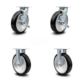Service Caster - 8x22 x 2x22 Rubber on Aluminum Wheel Caster Set - Black on Silver - 2 Swivel w/Brakes/2 Rigid - 2,400 lbs Total