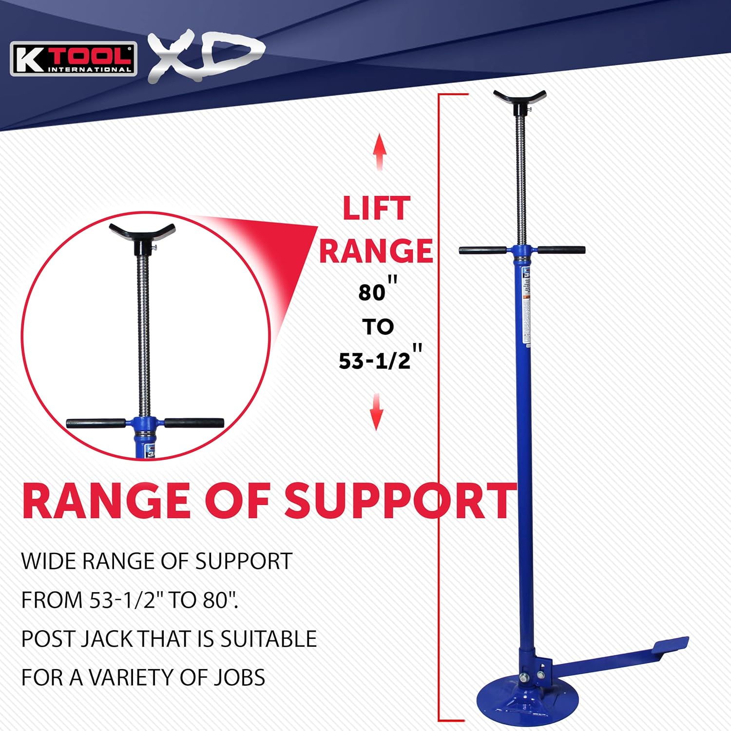 K Tool International XD Underhoist Pole Jack Support Stand with Foot Pedal 3/4 Ton, Range 53 1/2