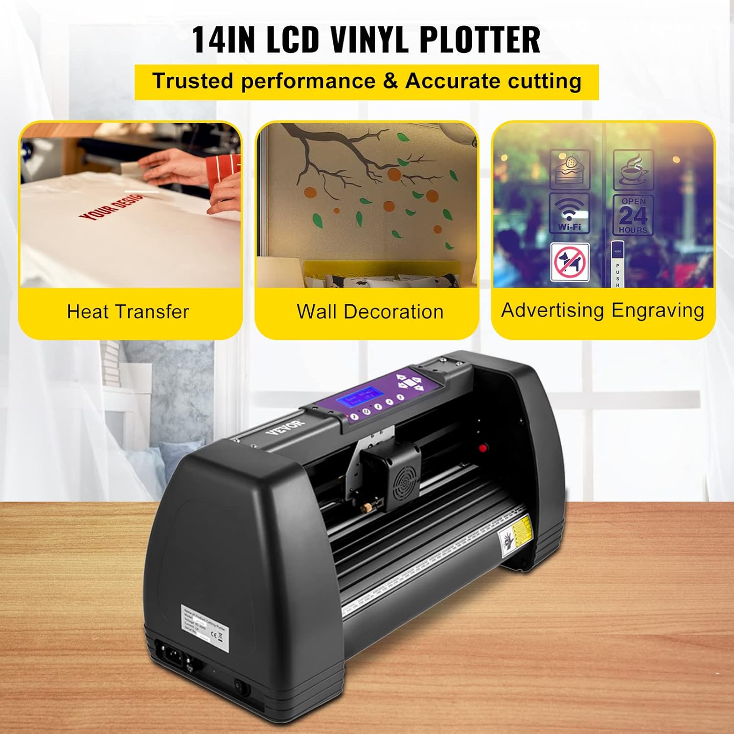 VEVOR Vinyl Cutter, 14 in / 375 mm Vinyl Plotter, Off-line Cutting Machine w/LCD, Desktop Design, Adjustable Force and Speed for Sign Making Plotter Cutter, Available with COM, USB and U-Disk 3 Ports