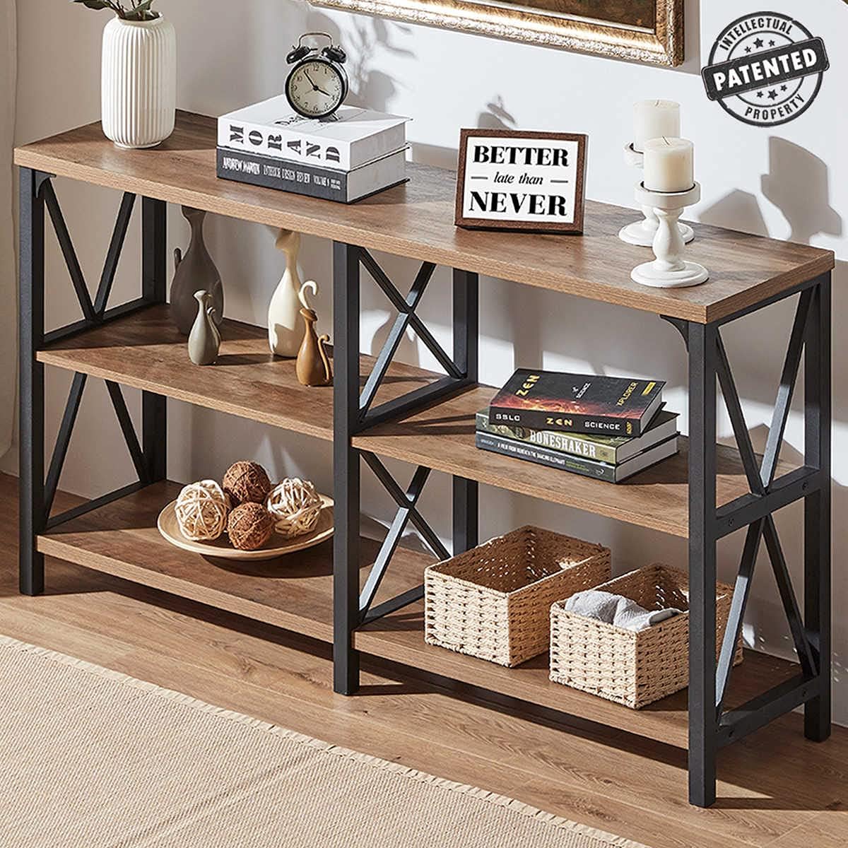 IBF Rustic Console Table, Industrial Wood and Metal Sofa Table, Hallway Entry Table for Home Living Room, Barnwood Foyer Accent Entryway Table with Retro Vintage Storage Shelf, 47 Inch