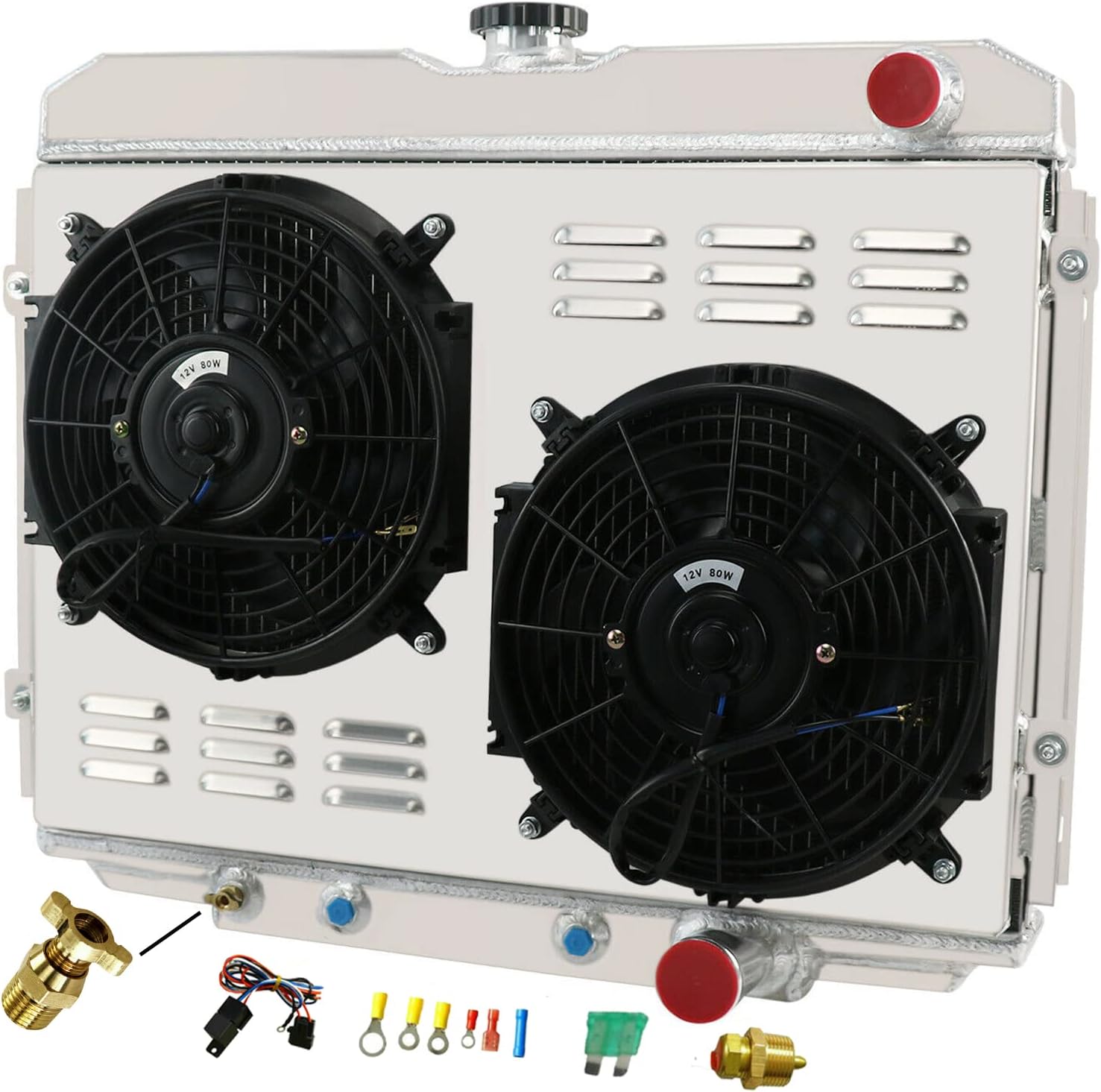 RadRace Aluminum Radiator for 1967 1968 1969 1970 Ford Mercury Mustang Cougar Fairlane Ranchero V8 Base 500 67 68 69 70 4 Row Radiators Shroud Fan Relay