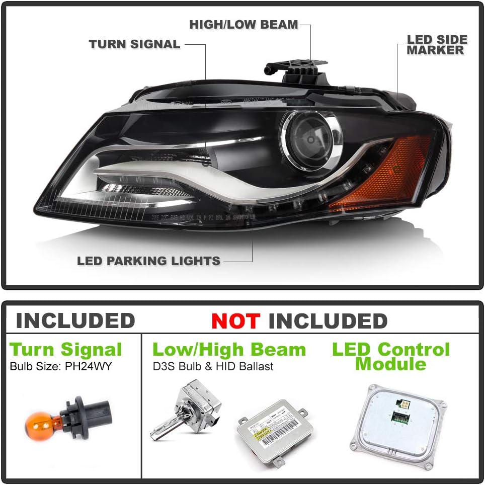 ACANII - For [HID/Xenon w/o AFS] 2009-2010 Audi A4 B8 LED DRL Projector Headlight Headlamp Assembly Left Driver Side