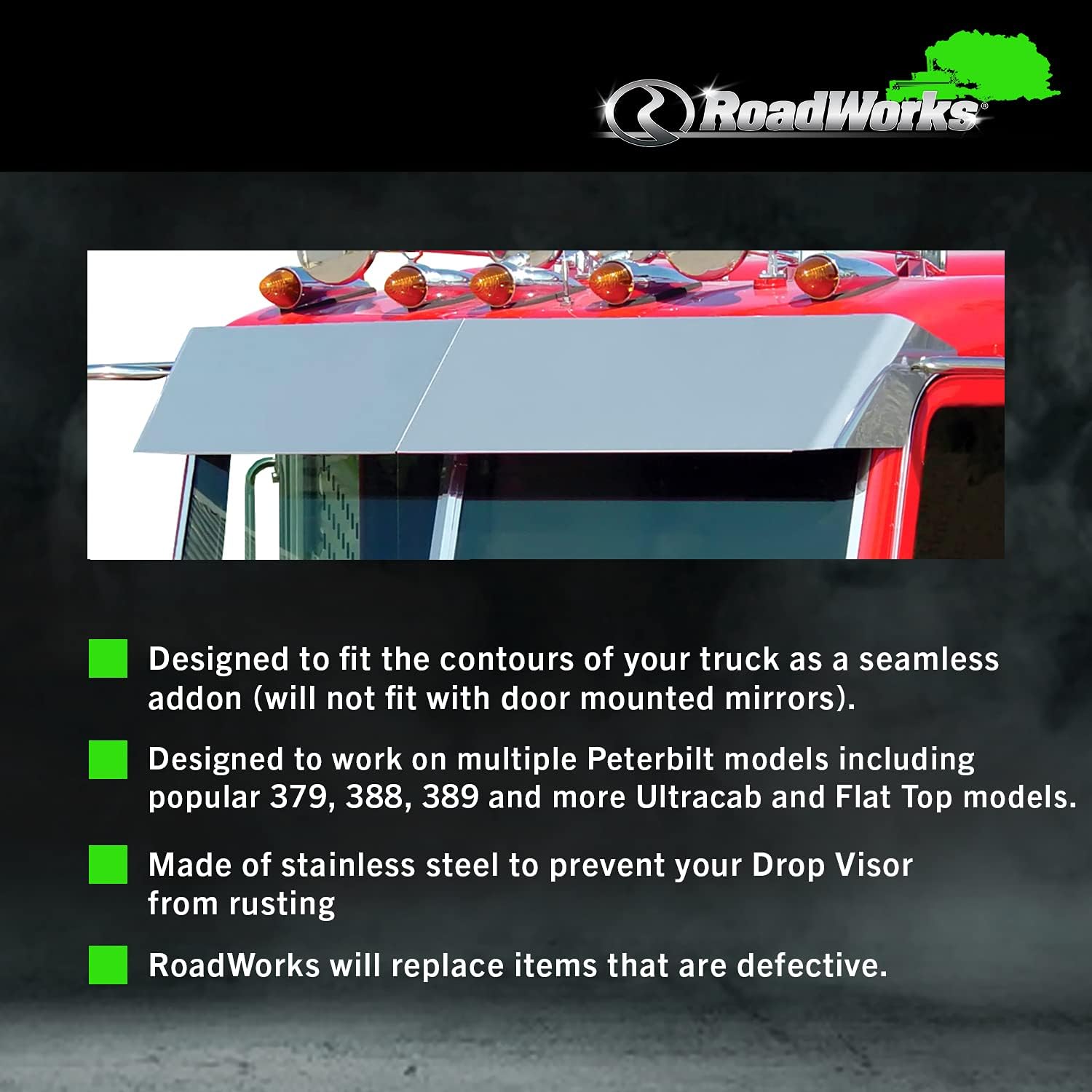 RoadWorks Stainless Steel 14&rdquo; Blind Mount Drop Visor for 2005-2021 Peterbilt Legacy Style Cab