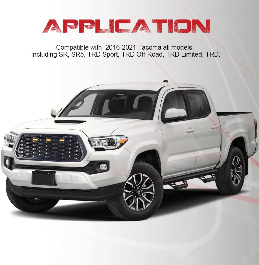Rongher Mesh Front Grille for 2016-2021 Tacoma SR SR5 TRD Sport TRD Off-Road TRD Limited, w/ Amber LED Lights, Matte Black