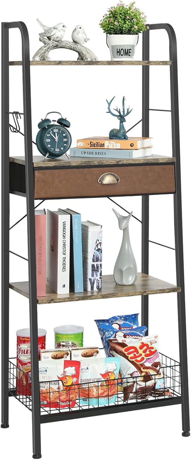 4 Tier Ladder Shelves with Drawer, Industrial 4 Layer Freestanding Bookshelf, Home Bookcase with Hooks, Iron Frame Storage Rack Shelves for Kitchen Bathroom Living Room Office Balcony