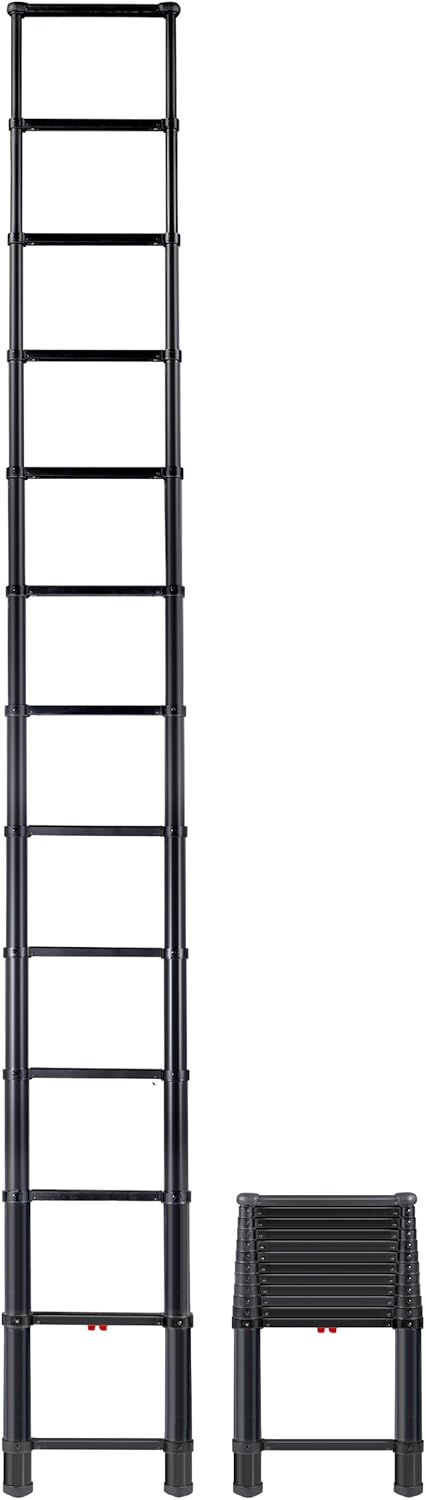 Telesteps 1600ET Fully Automatic Telescoping Ladder, with Patented One-Touch Release, OSHA Compliant Black Tactical 12.5 ft Extended Height, Up to 16 ft Reach may be possible, Telescoping Extension Ladder