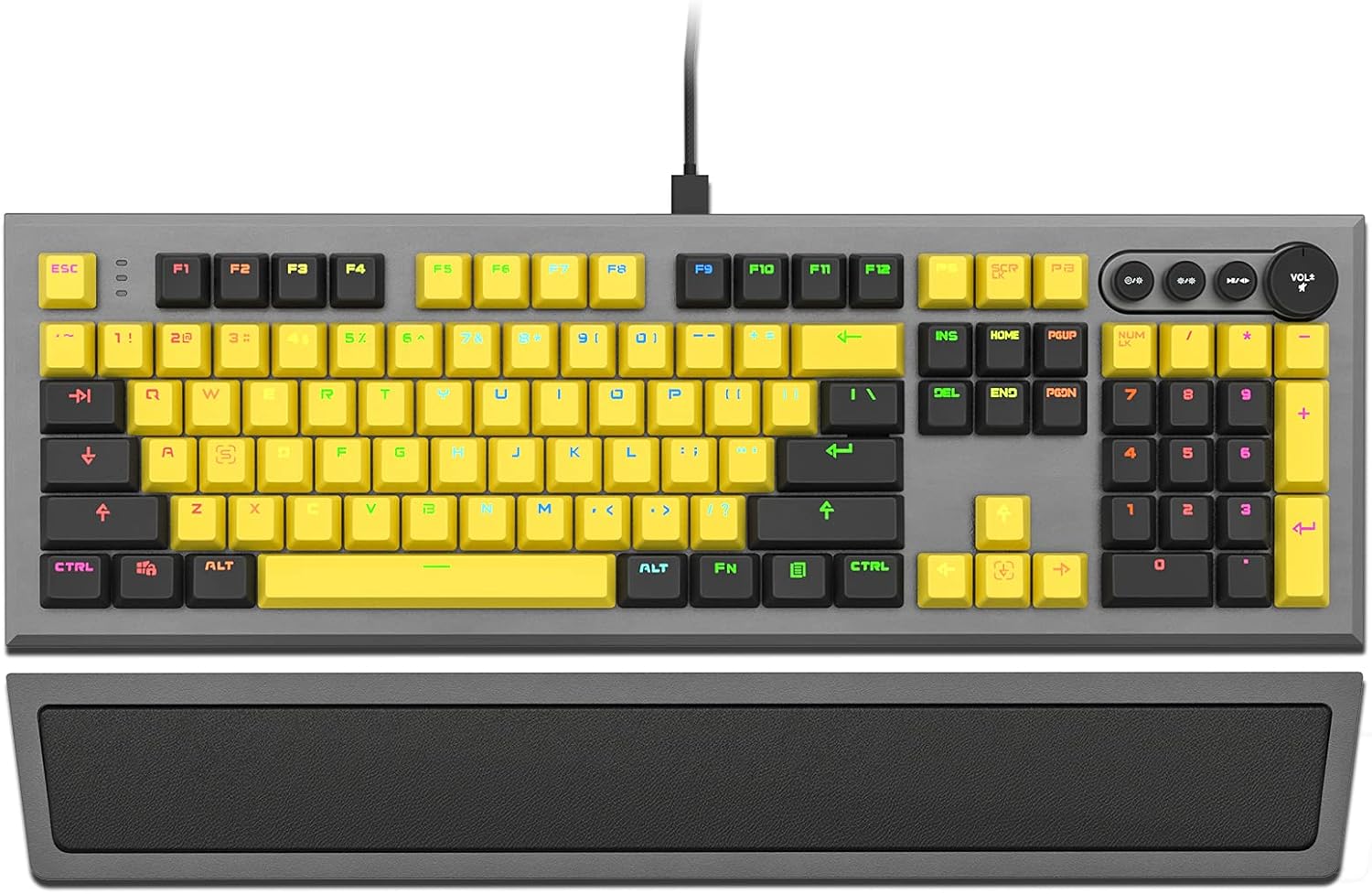 Mechanical Gaming Keyboard, PowerLead Wired Keyboard Rainbow RGB Backlit with Detachable Leather Wrist Rest, Programmable Settings with N-Key Flip, for Windows PC/MAC Games (104 Keys, Blue Switch)