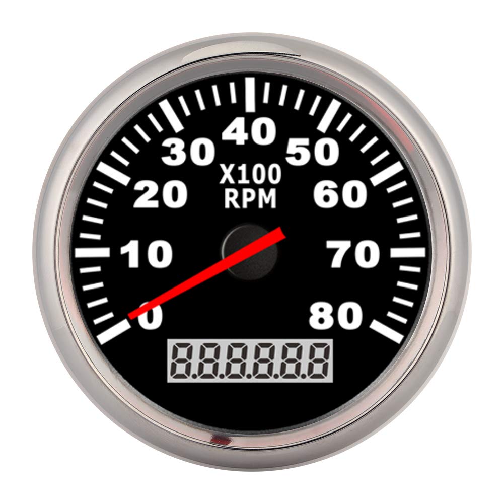 Tachometer Sensor Pointer Digital Boat Tachometer Gauge 85mm IP67 12V / 24V 8000RPM Red LED Backlight with LCD Display (Black Silver Frame)