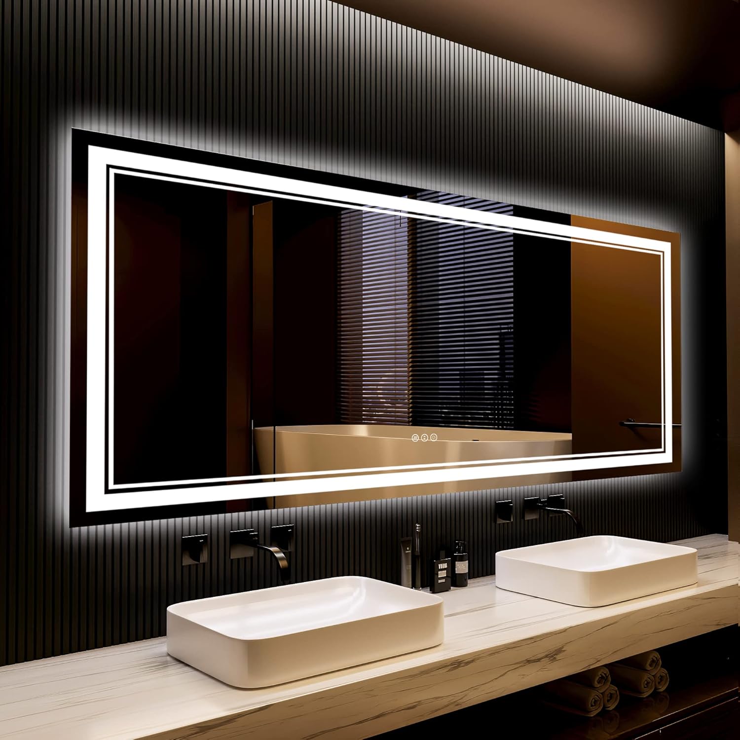 LED Lighted Bathroom Mirror 84x 32 Inch, Awandee Large Vanity Mirror for Bathroom, Anti-Fog Shatterproof Dimmable Wall Mirrors for Bathroom (Backlit + Front Double Lighted) Wall Mounted, ETL Listed