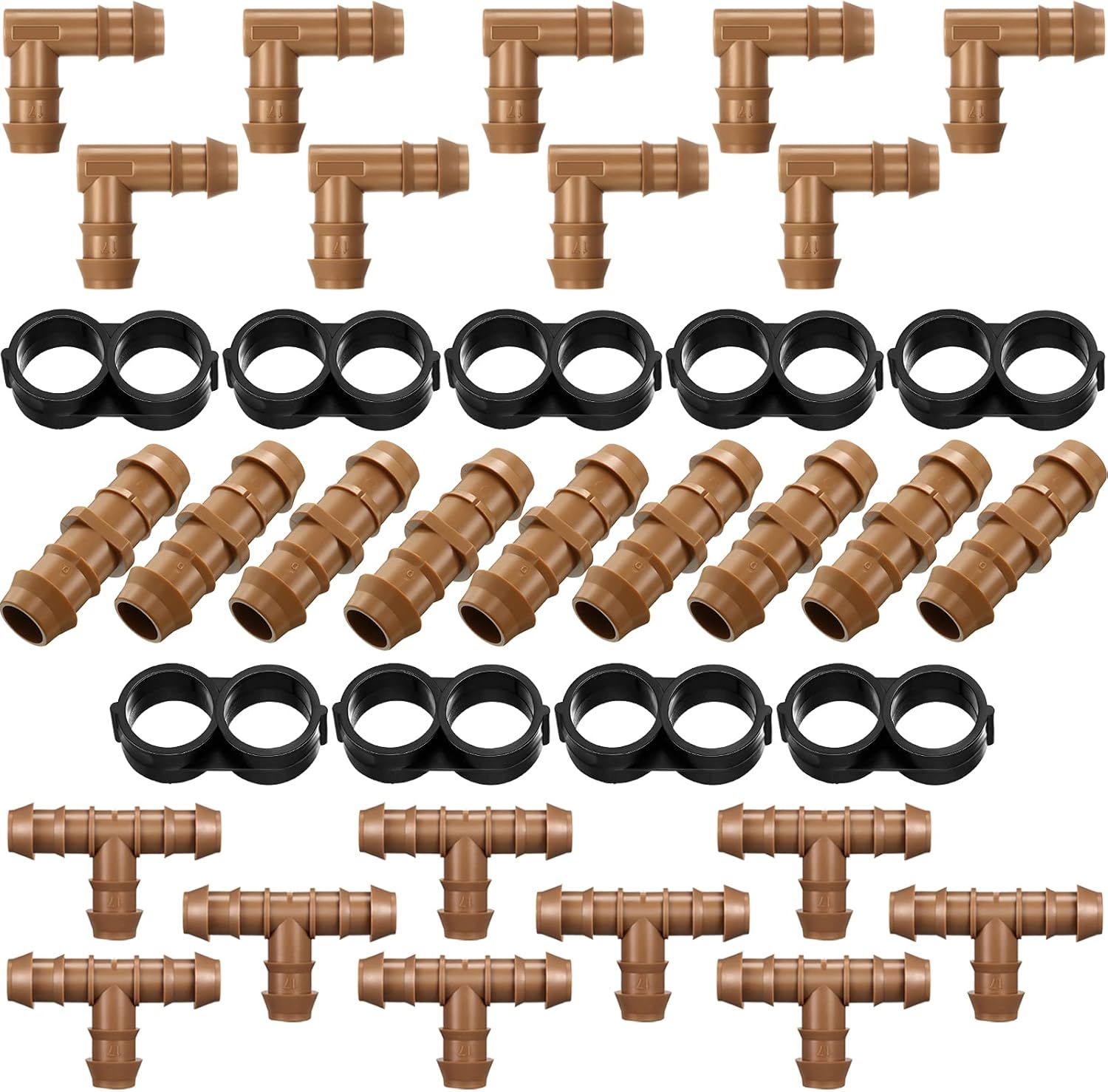 36 Pieces Drip Irrigation Fittings Kit 1/2 Inch Tubing Fitting Set Includes 9 Tees, 9 Couplings, 9 Elbows and 9 End Cap Plugs Drip Irrigation Barbed Connectors for Compatible Drip or Sprinkler Systems Pack of 2