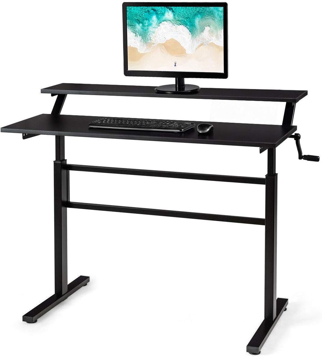 Black Standing Computer Desk Foldable Crank Handle Sit to Stand Up Spacious Workstation with Monitor Shelf Adjustable Desktop Height Sturdy Steel Frame Perfect for Home Office Bedroom Study Room Use