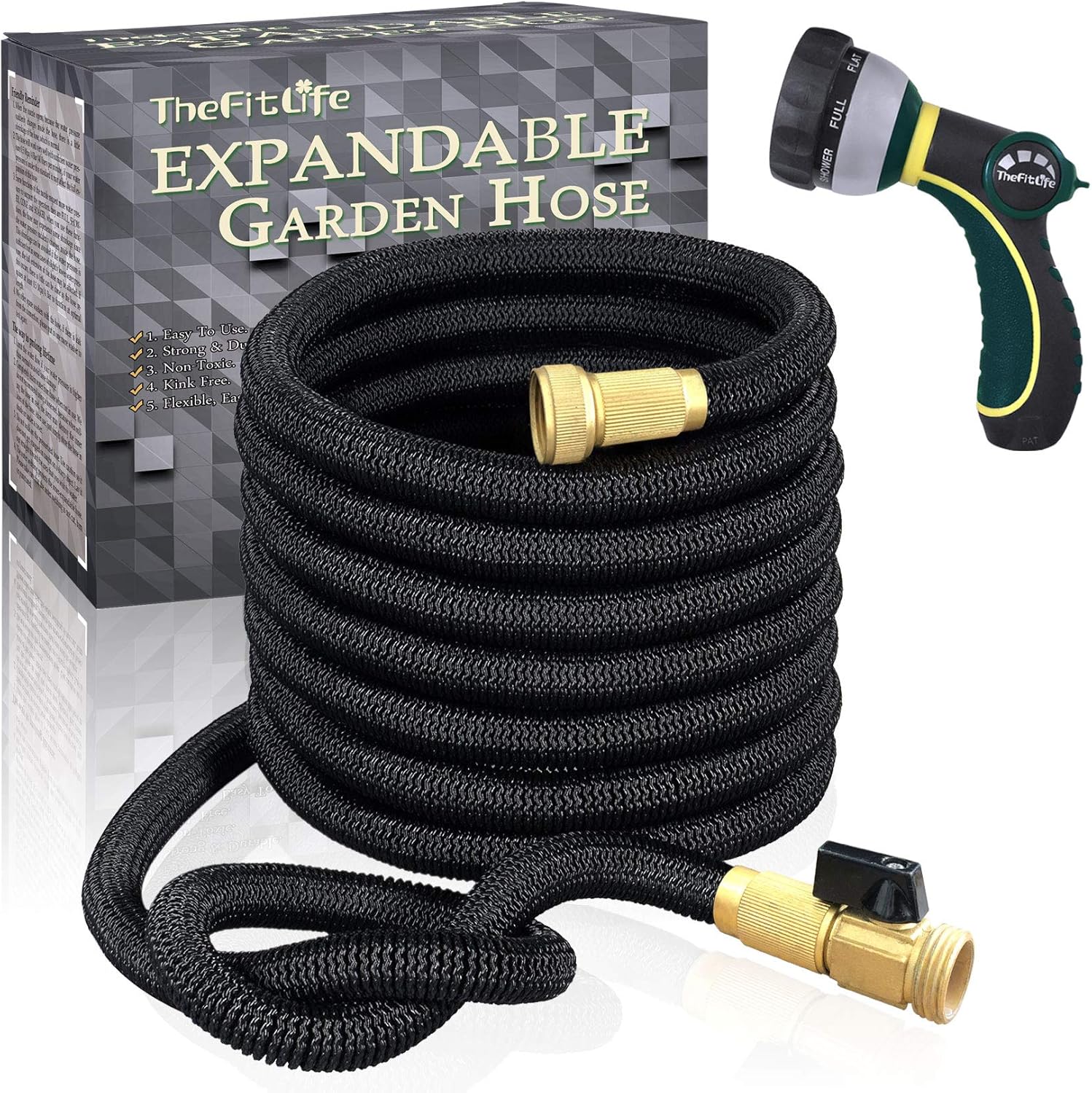 TheFitLife Flexible and Expandable Garden Hose - Triple Latex Core with 3/4 Inch Solid Brass Fittings and 8 Function Spray Nozzle, Portable and Kink Free Water Hose (100 FT) Pack of 2