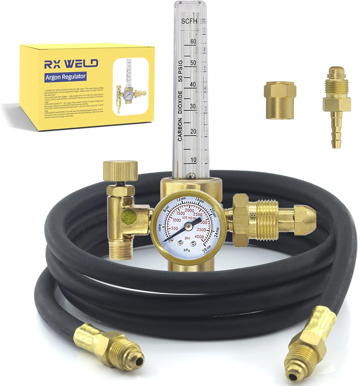 RX WELD Argon/CO2 Mig Tig Flow Meter Gas Regulator Gauge With Gas Hose Welding Weld Pack of 2