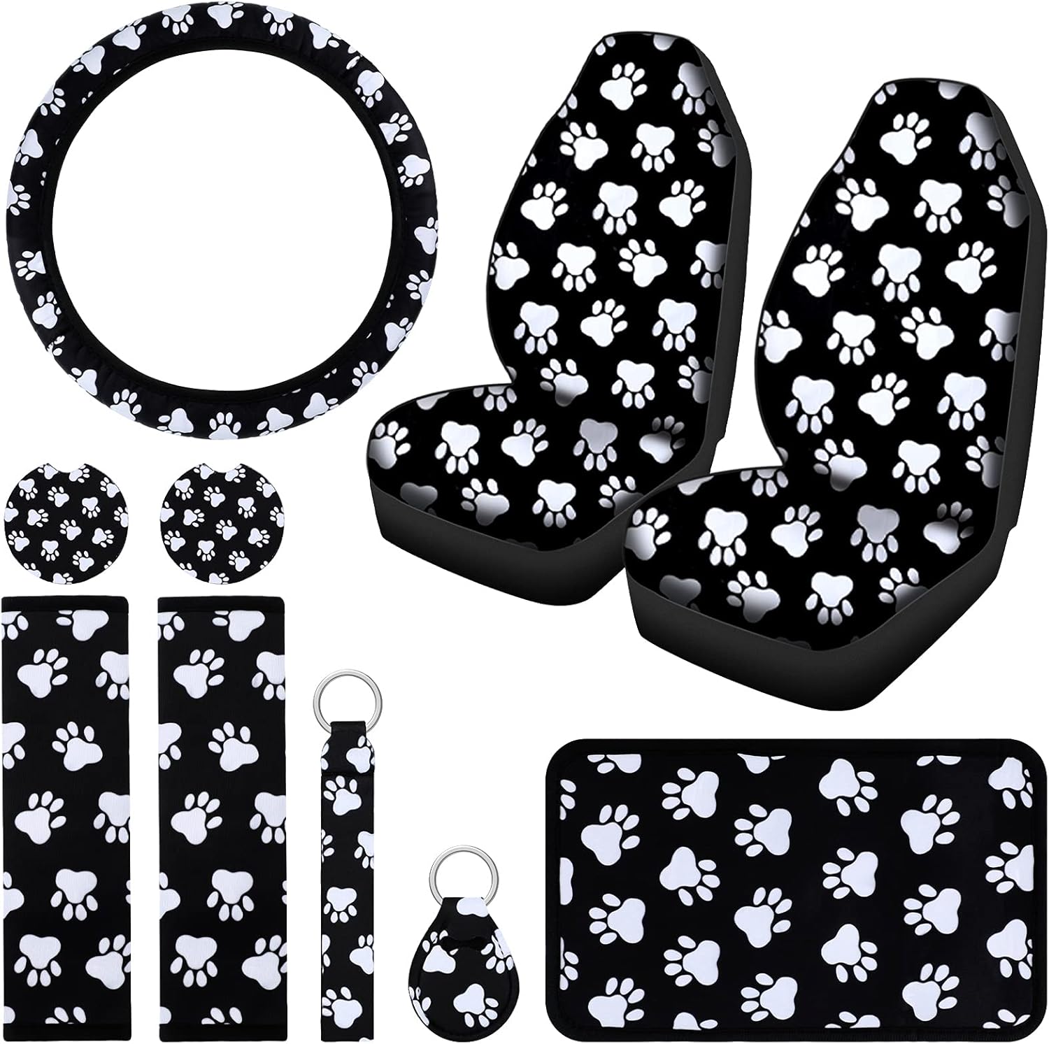 10 Pieces Dog Paw Car Accessories Set Dog Cat Paw Print Car Seat Covers Car Steering Wheel Cover Dog Paw Car Coasters Armrest Pad Cover Seat Belt Pads Key Chain Wrist Strap for Car SUV Truck