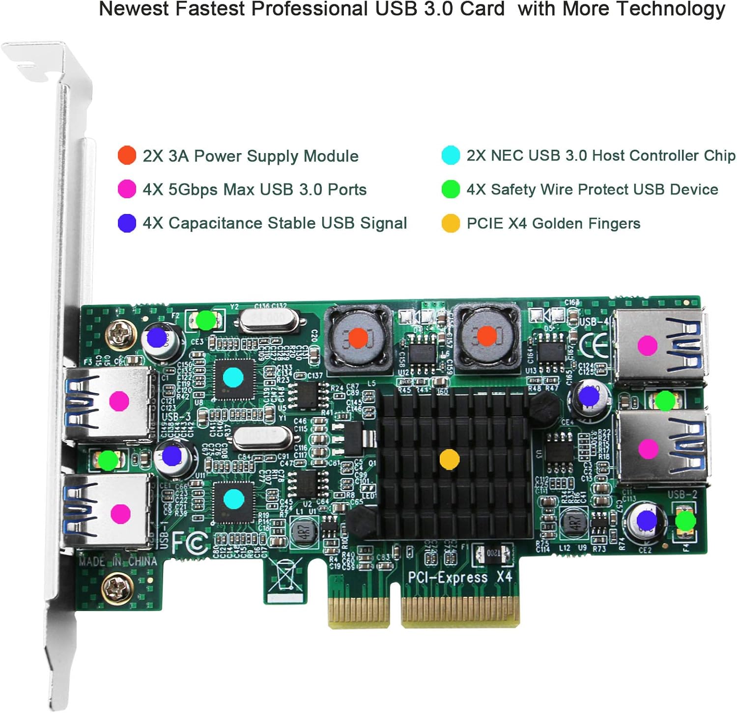 FebSmart 4 Port PCI Express (PCIe) Superspeed USB 3.0 Card Adapter,2 Dedicated 5Gbps Channels 10Gbps Total Banwidth,Build in Self-Powered Technology,No Need Additional Power Supply (FS-2C-U4-Pro) Pack of 2