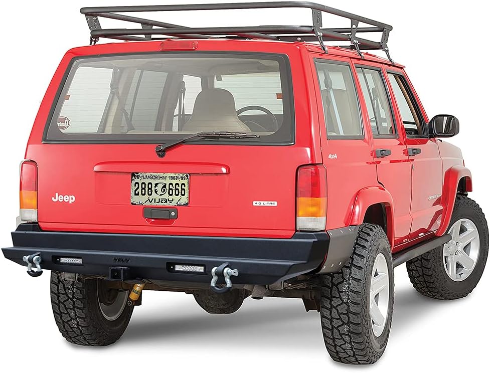 Ronghui Textured Black Steel Rear Bumper with 2x4.75T D-Rings and 2'' Hitch Receiver Fit for 1984-2001 Cherokee XJ