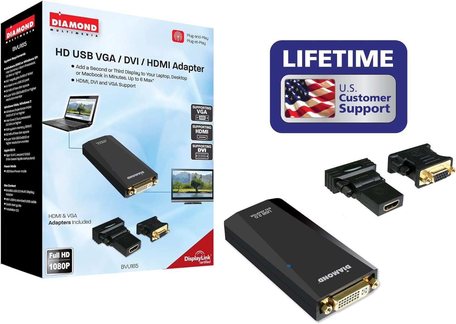 Diamond Multimedia USB 3.0 to VGA/DVI/HDMI Video Graphics Adapter up to 2048x1152 / 1920x1080 - Windows 10, 8.1, 8, 7, XP, MAC OS and Android 5.0 and Higher