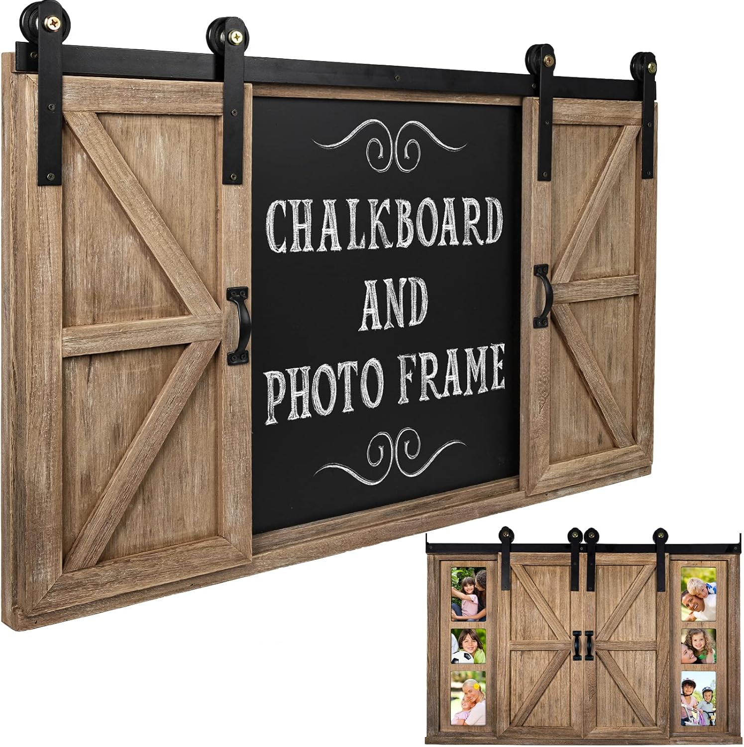 Excello Global Products Rustic Wood Chalkboard with Four 4x6 Hideaway Photos: Large Wall Mounted Magnetic Chalk Board, Perfect for Kitchen Dcor, Restaurant Menu, Bulletin Sign Pack of 2