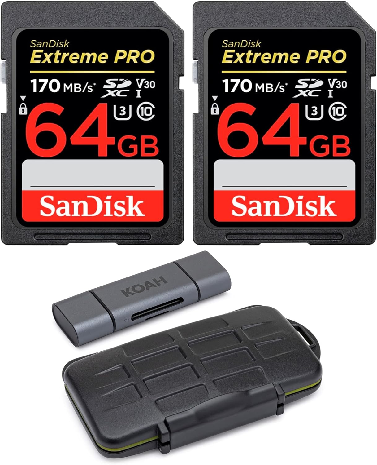 SanDisk 64GB Extreme PRO 170 MB/s UHS-I SDXC Memory Card (2-Pack) with Koah PRO Storage Case and SD Reader Bundle (3 Items) Pack of 2