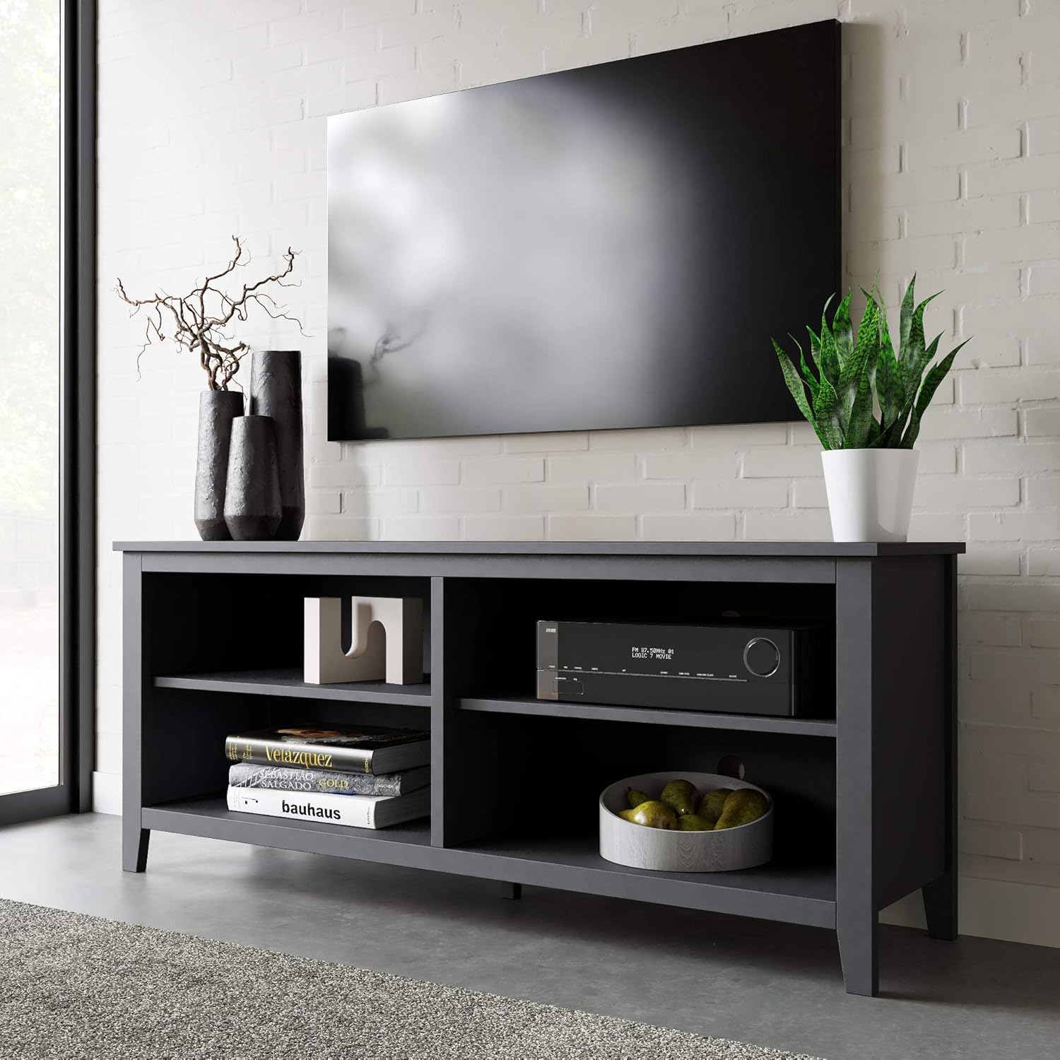 Edenbrook Black Stevens Classic Stand and Entertainment Center for 60 Inch TV – Four Compartments – Cord Ports