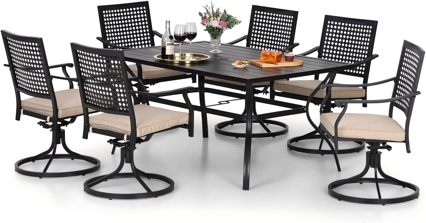 MFSTUDIO 7 Pieces Patio Dining Sets with 1 Large Rectangular Metal Table with Umbrella Hole and 6 Swivel Chairs (Cushion Included), Outdoor Furniture for 6, Black