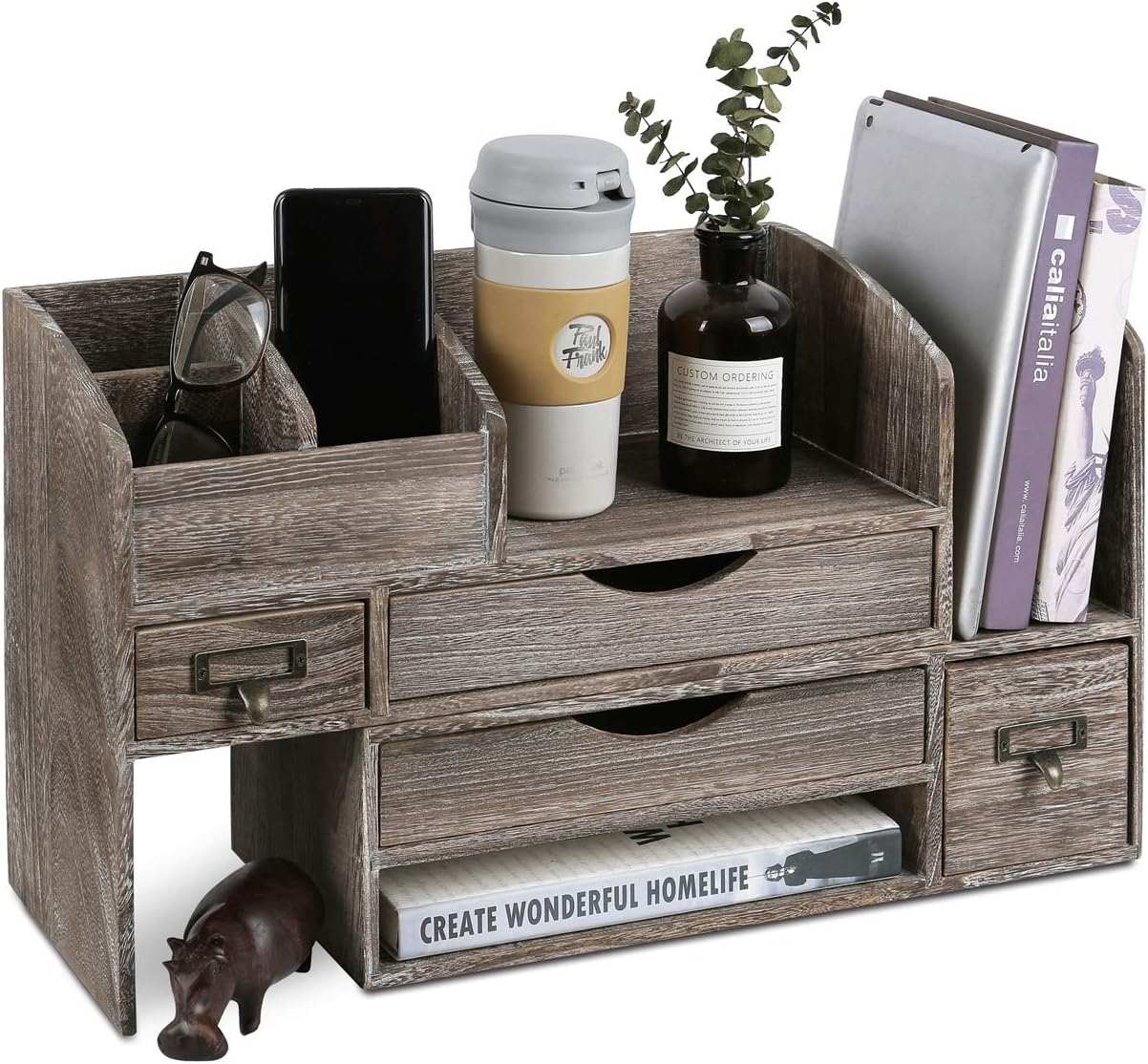 Ikee Design Large Expandable Wooden Desktop Organizer For Office Supplies, Extendable Storage Shelf Rack Book Shelf, Stationary Compartment Holder, 17.25