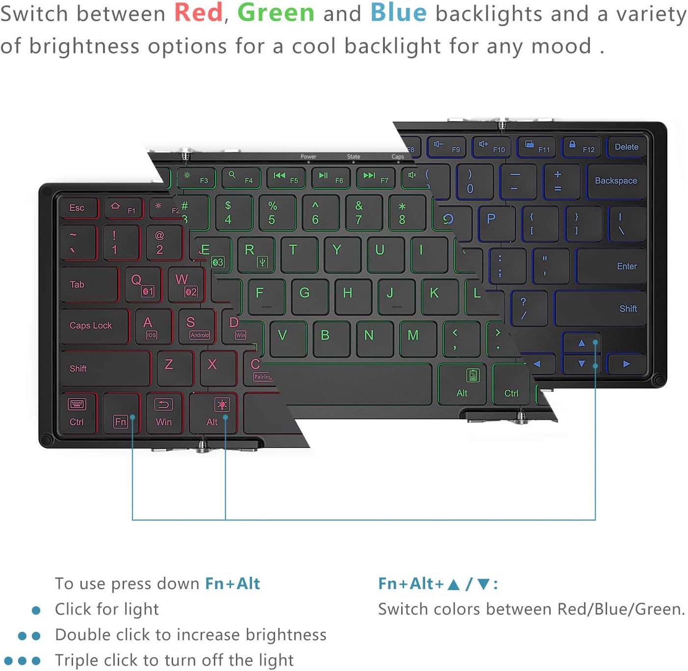 iClever BK05 Bluetooth Keyboard with 3-Color Backlight, Bluetooth 5.1 Multi-Device Foldable Keyboard with Aluminum Alloy Base for iOS Windows Android Tablets, Smartphones, Laptops, PC and More Pack of 2