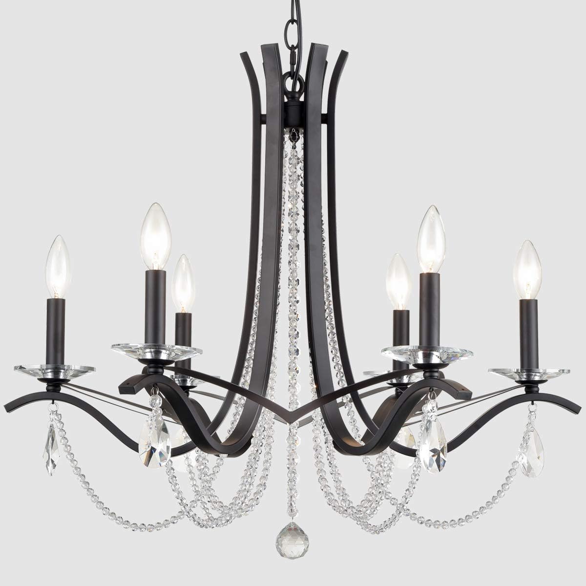 K5 6-Light Crystal Chandelier Lighting Raindrop Wrought Iron Chandelier Black Pendant Light