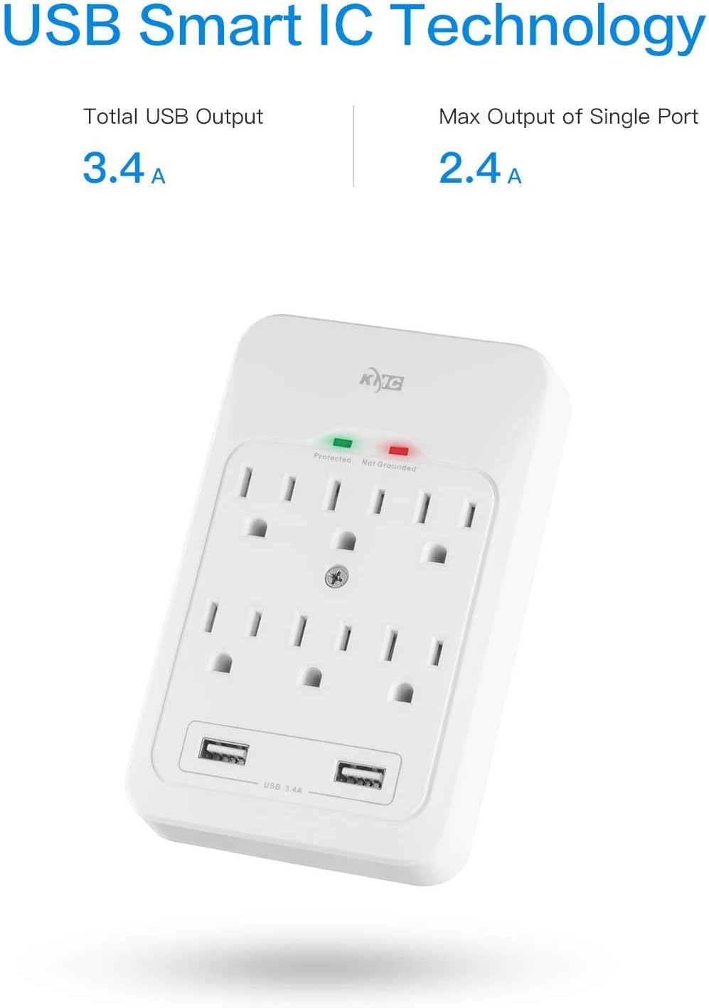 KMC 6-Outle Surge Protector with 2 USB Ports 3.4A, 980 Joule, White(2 Pack)