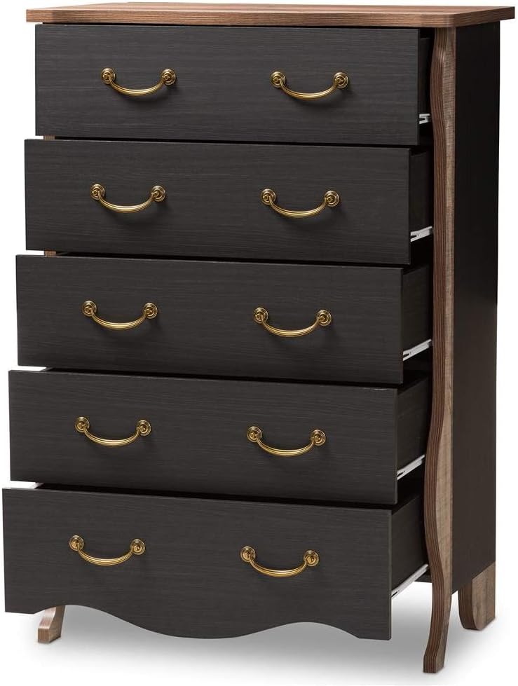 Baxton Studio Romilly Country Cottage Farmhouse Black and Oak-Finished Wood 5-Drawer Chest