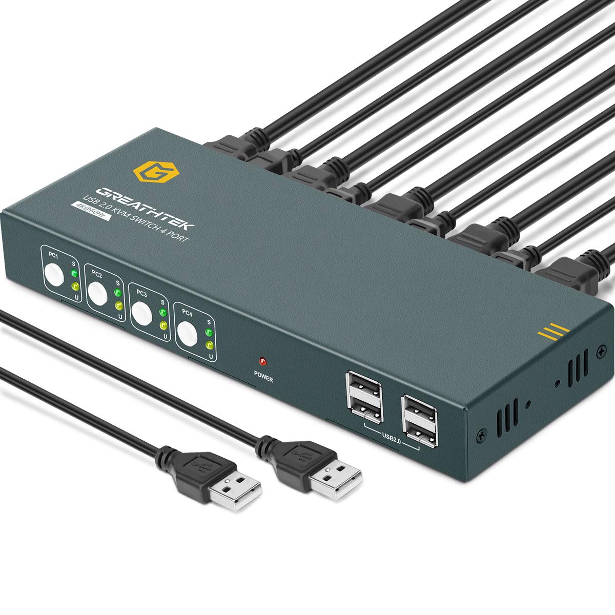 GREATHTEK KVM Switch HDMI 4 Port 4K@60Hz with USB 2.0,HDMI 2.0,HDCP2.2,YUV 4: 4: 4,All Needed Cables,Support Wireless Keyboard and Mouse Pack of 2