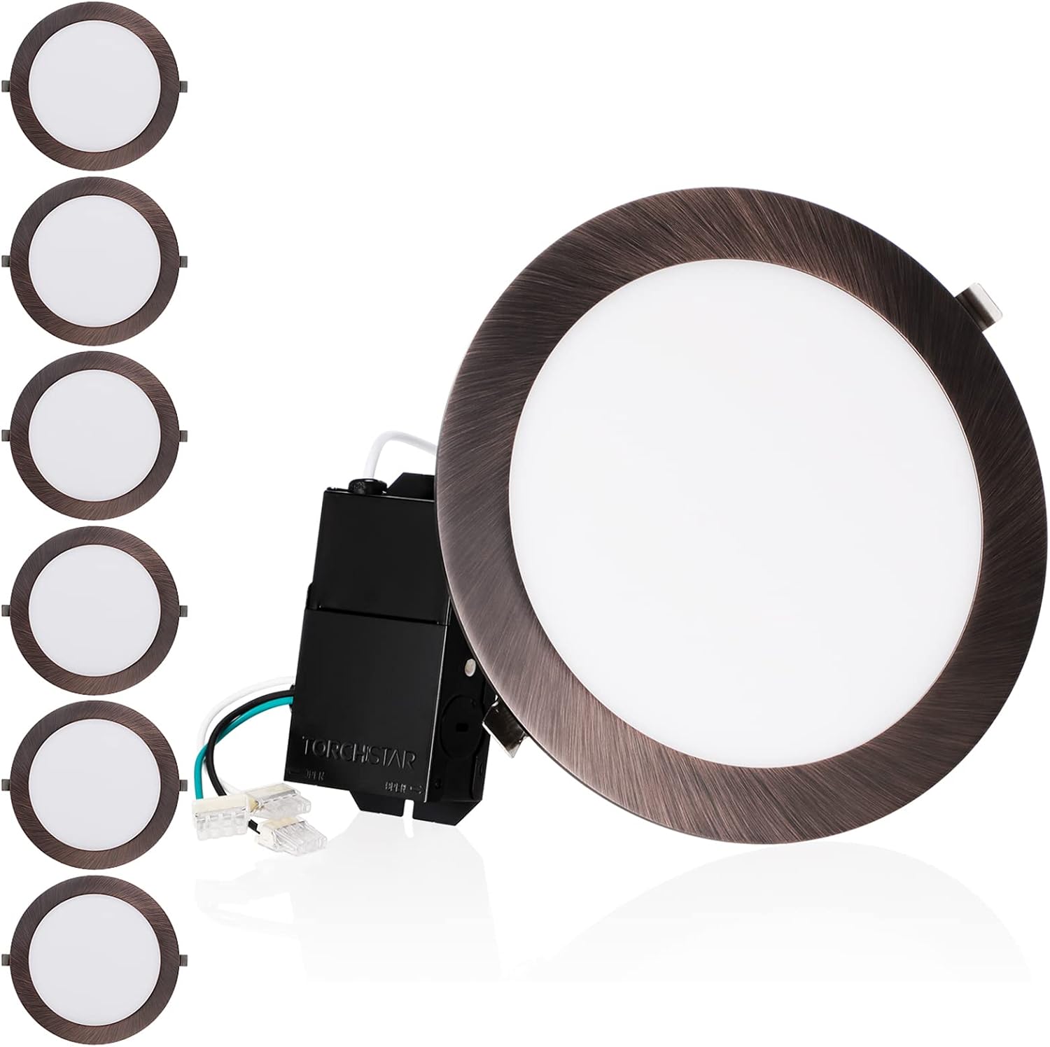 TORCHSTAR E-Lite Series 6 Inch Ultra Thin LED Recessed Lights with J-Box, Slim Panel Downlight, 13.5W CRI90+, 10%-100% Dimmable, Oil Rubbed Bronze, 3000K Warm White, ETL & Energy Star, Pack of 6