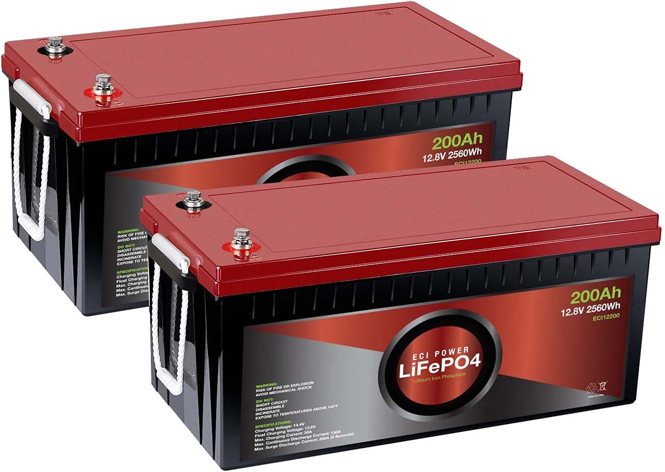2 Pack ECI Power 12V 200Ah Lithium LiFePO4 Deep Cycle Rechargeable Battery | 2000-5000 Life Cycles & 10-Year lifetime | Built-in BMS | Perfect for RV, Solar, Marine, Overland, Off-Grid Applications