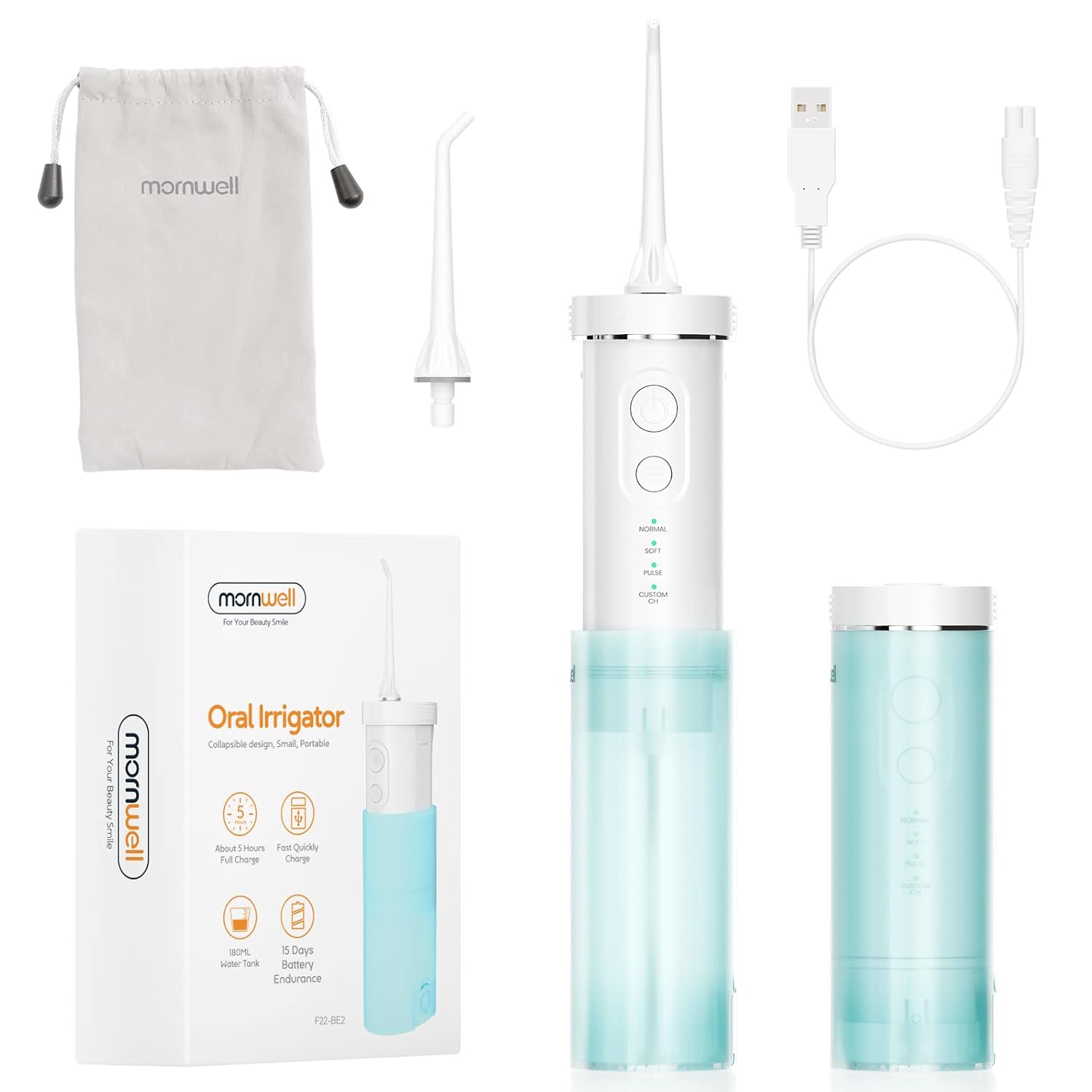 Mothers Day Gifts Cordless Water Flosser, Mornwell Mini Cordless Portable Water Dental Flosser, 4 Modes Telescopic Water Tank USB Rechargeable IPX7 Waterproof for Travel, Braces & Bridges Care