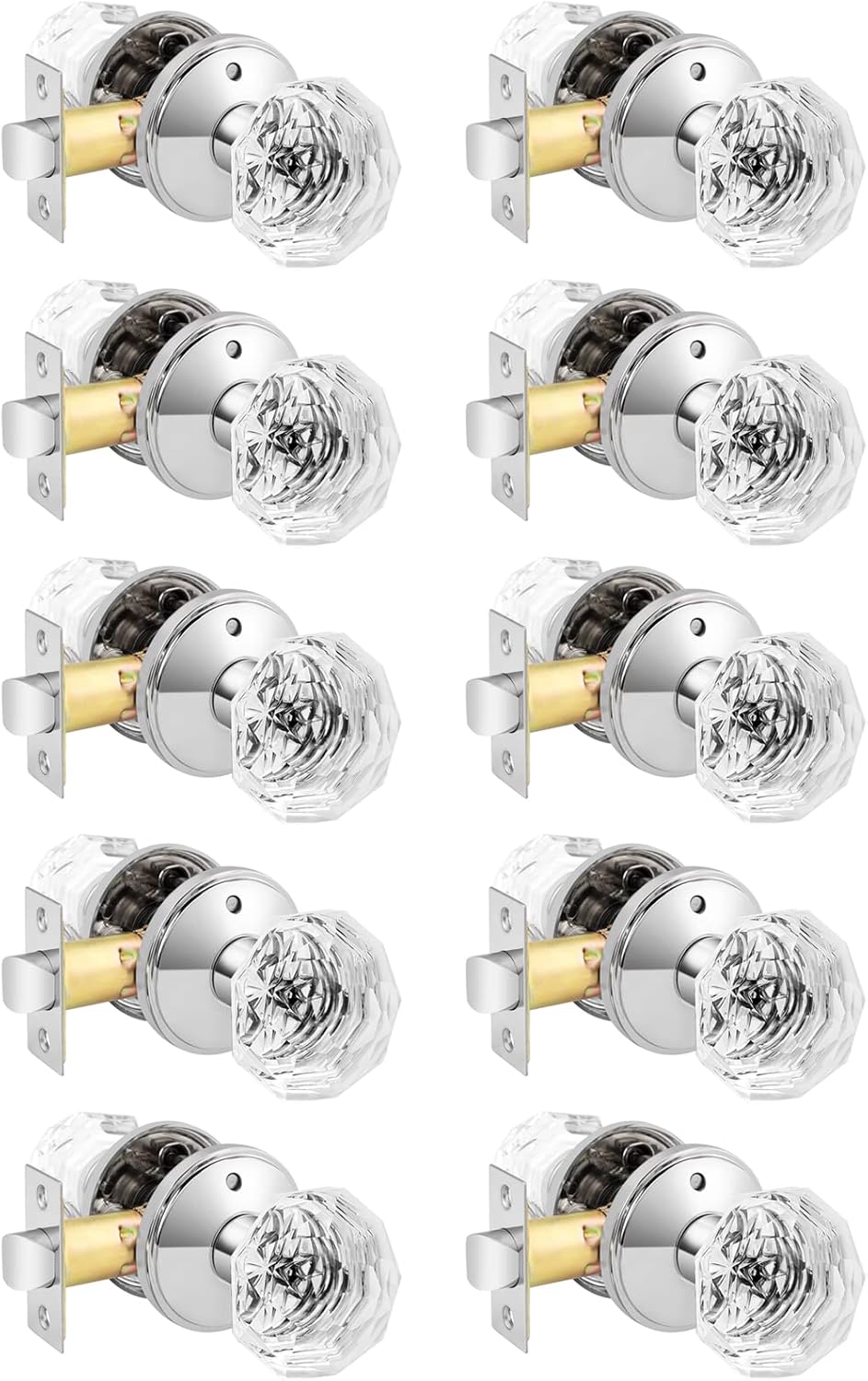 Orger Crystal Door Knobs |10 Pack, Interior Privacy Door Handles for Bedroom and Bathroom, Round Diamond Shape Clear Glass with Chrome Finish Rosette