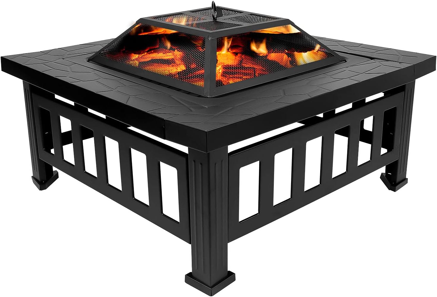 32 inch Fire Pit Table, Outdoor Fire Pits Square Metal Firepit with Mesh Spark Screen Cover, Grate and Fire Poker for Patio Backyard Garden Fireplace for Camping Picnic