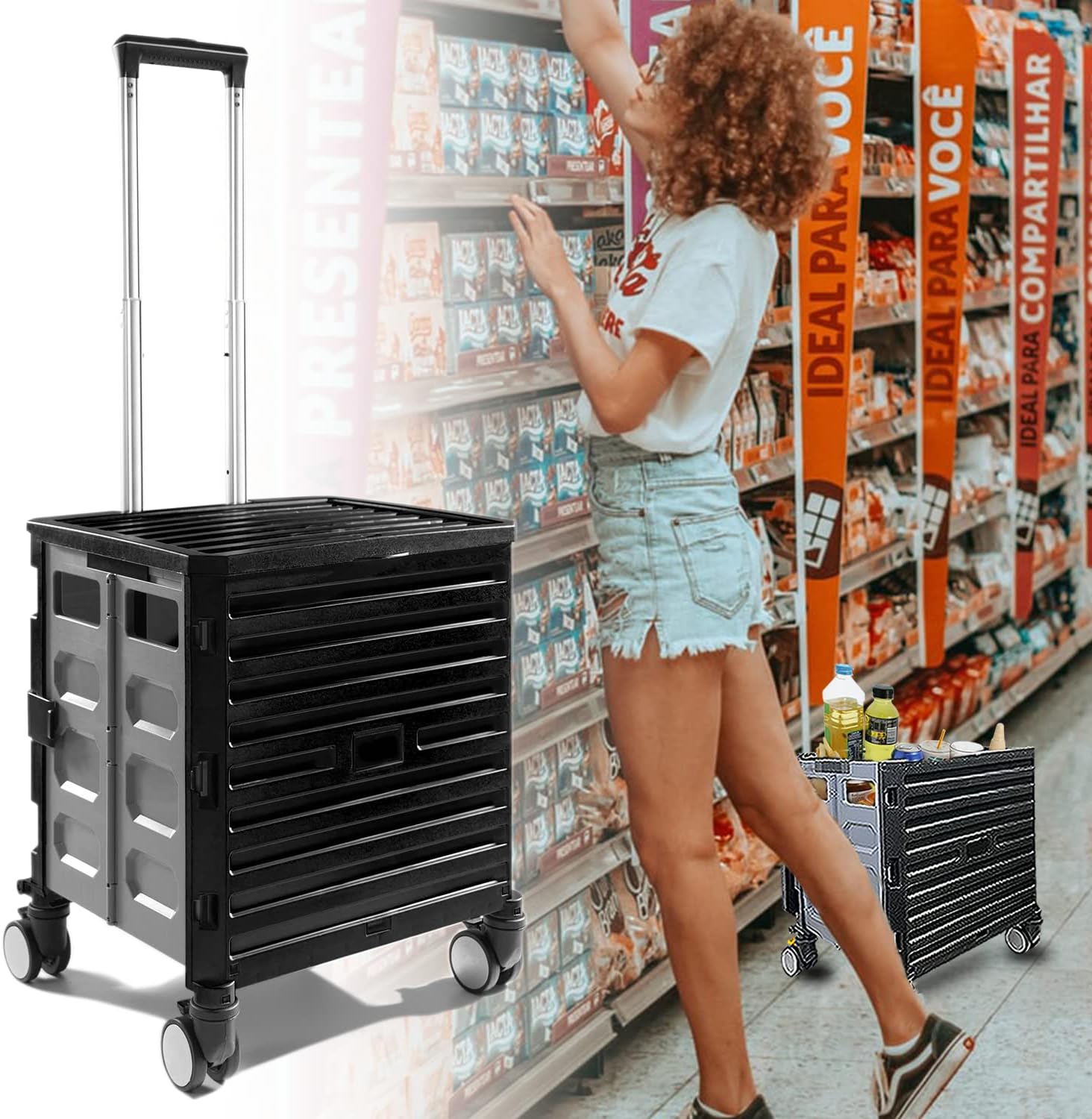 Foldable Utility Cart, Rolling Crate with 4 Wheels for Teachers, Telescoping Handle Collapsible Utility Shopping Cart Wear-Resistant 360&deg;Rotate Wheel for Storage Office Use Travel Moving&ndash;Black